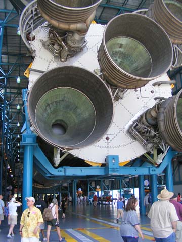 The nozzle end of the first stage of a Saturn V rocket. The scale is 
indicated by the people walking under it.