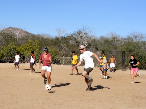 The sandy field has nets