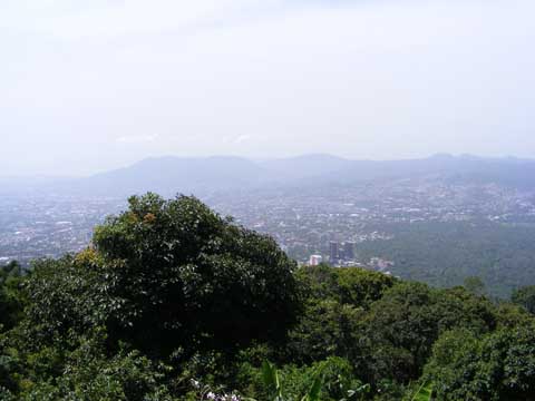 Scene shows some trees on the mountain side in the
                    foreground, a portion of the sprawling city of
                    San Salvador covered in hazy, and some green hills
                    beyond the city