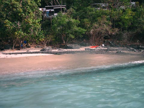 West end of the beach seen from the water, 
                  with some cottages visible in the trees. You can barely
                  make out my multicolored beach towel hanging from a 
                  tree near the left edge of the photo.