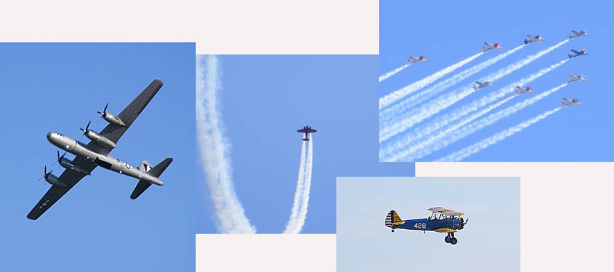 The images include a B-29 flying overhead,
               a twin-engine plane flying in a loop and leaving
               twin trails of smoke behind, a flight of nine
               WW2 fighter planes trailing smoke, and a biplane
               seen from the side as it approaches the ground.