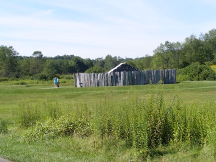 A small palisade of logs standing 
               on end is in the middle of a meadow.