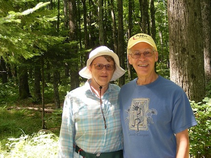 We stand among large trees and a green forest