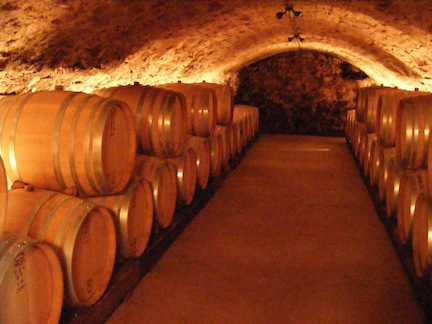 Some of the winery's kegs of aging wine
                 are seen in two rows in a vault under the
                 old part of the winery building.