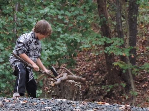 Joey is chopping a branch with a hatchet