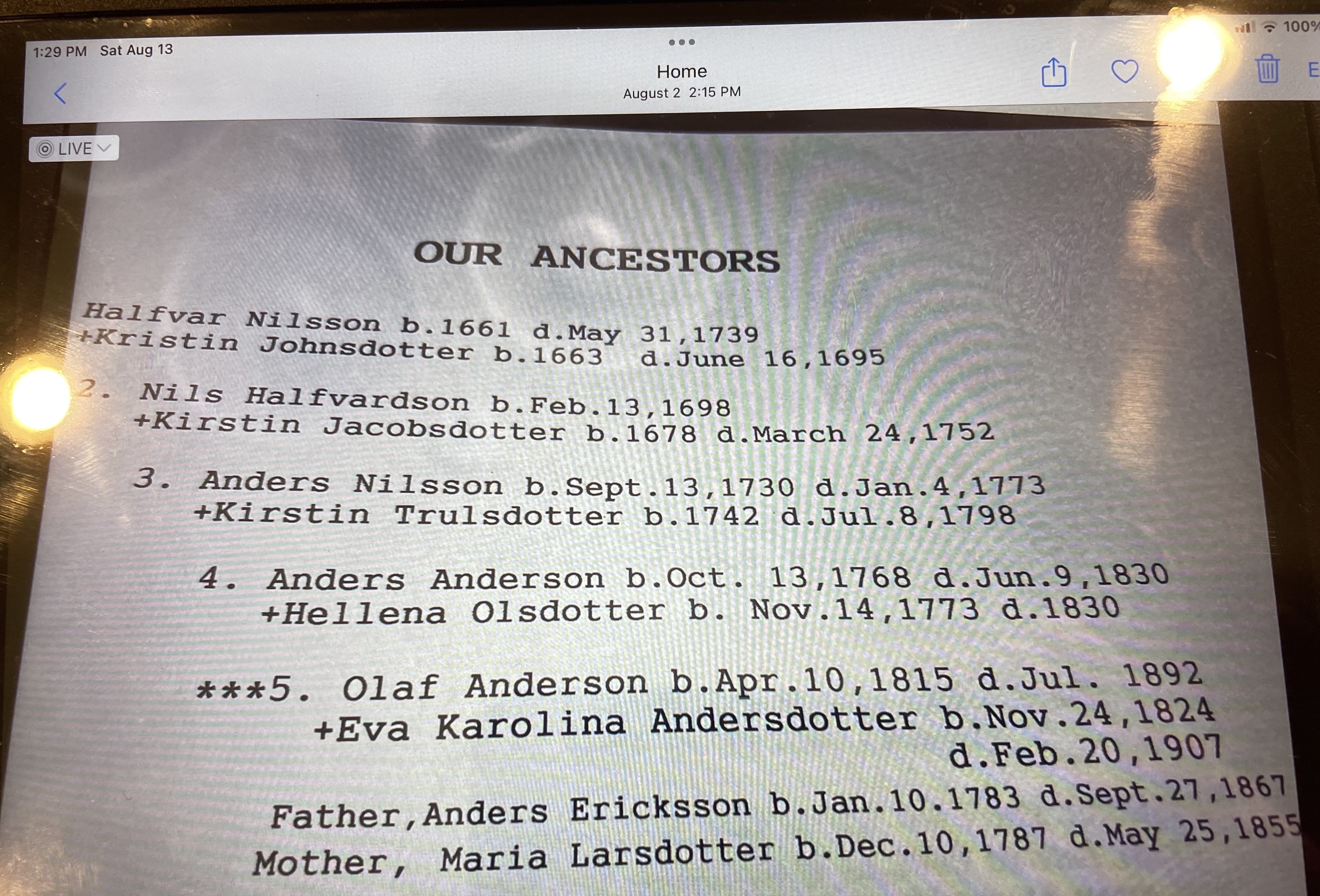 A listing of possible male ancestors of Olof Andersson