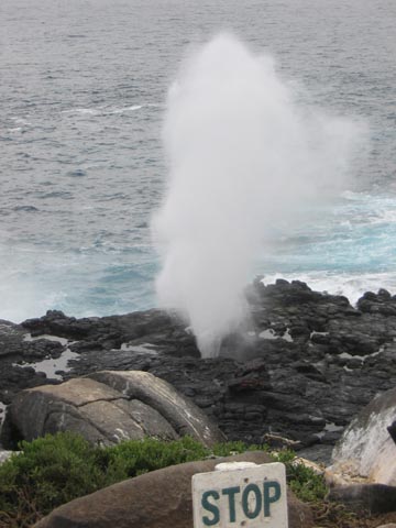 The waves forced a spray of water out of a crack in the rock