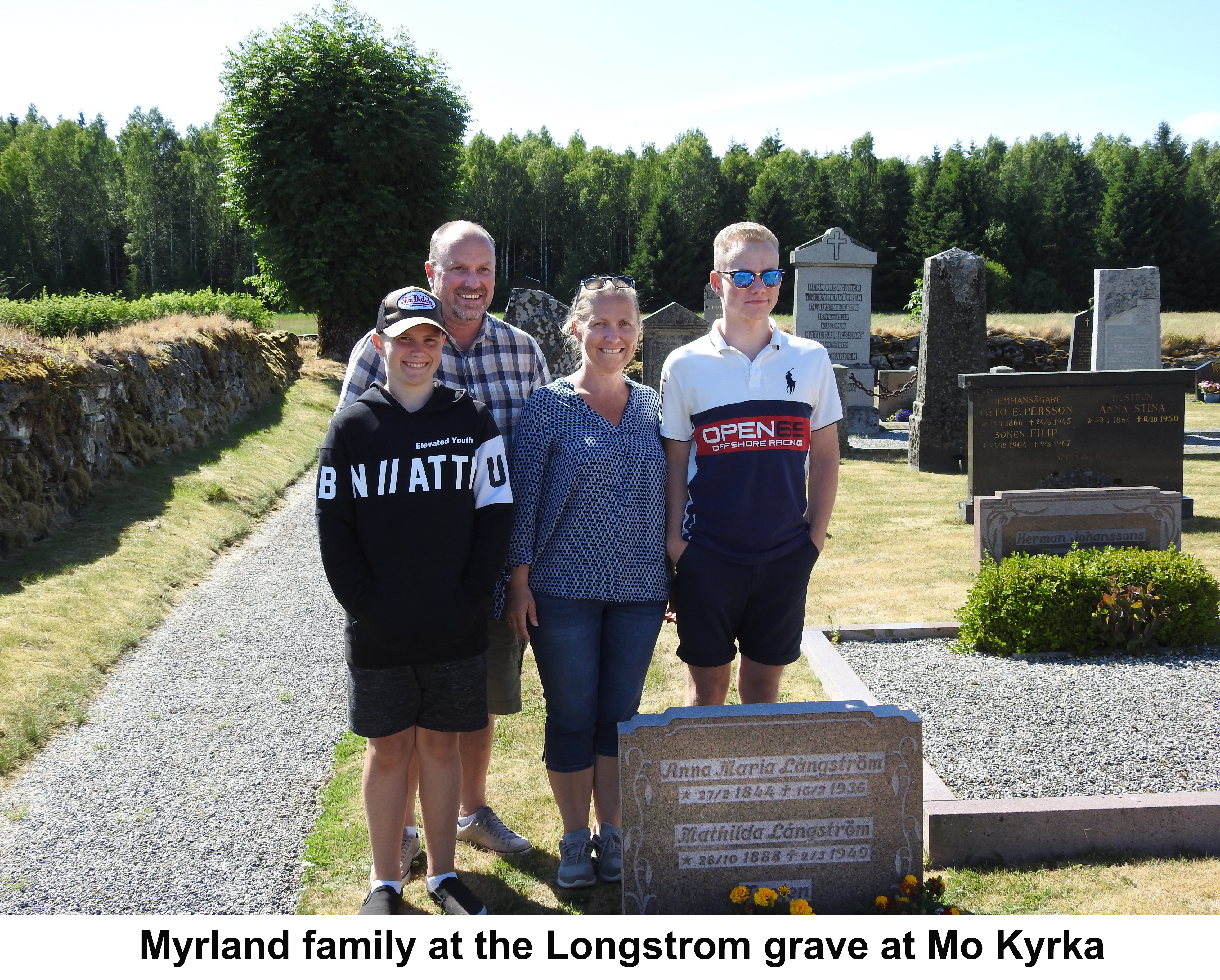 The Myrlands are standing in the graveyard behind the stone for 
           Anna Maria, her daughter Mathilda, and grandson Harry