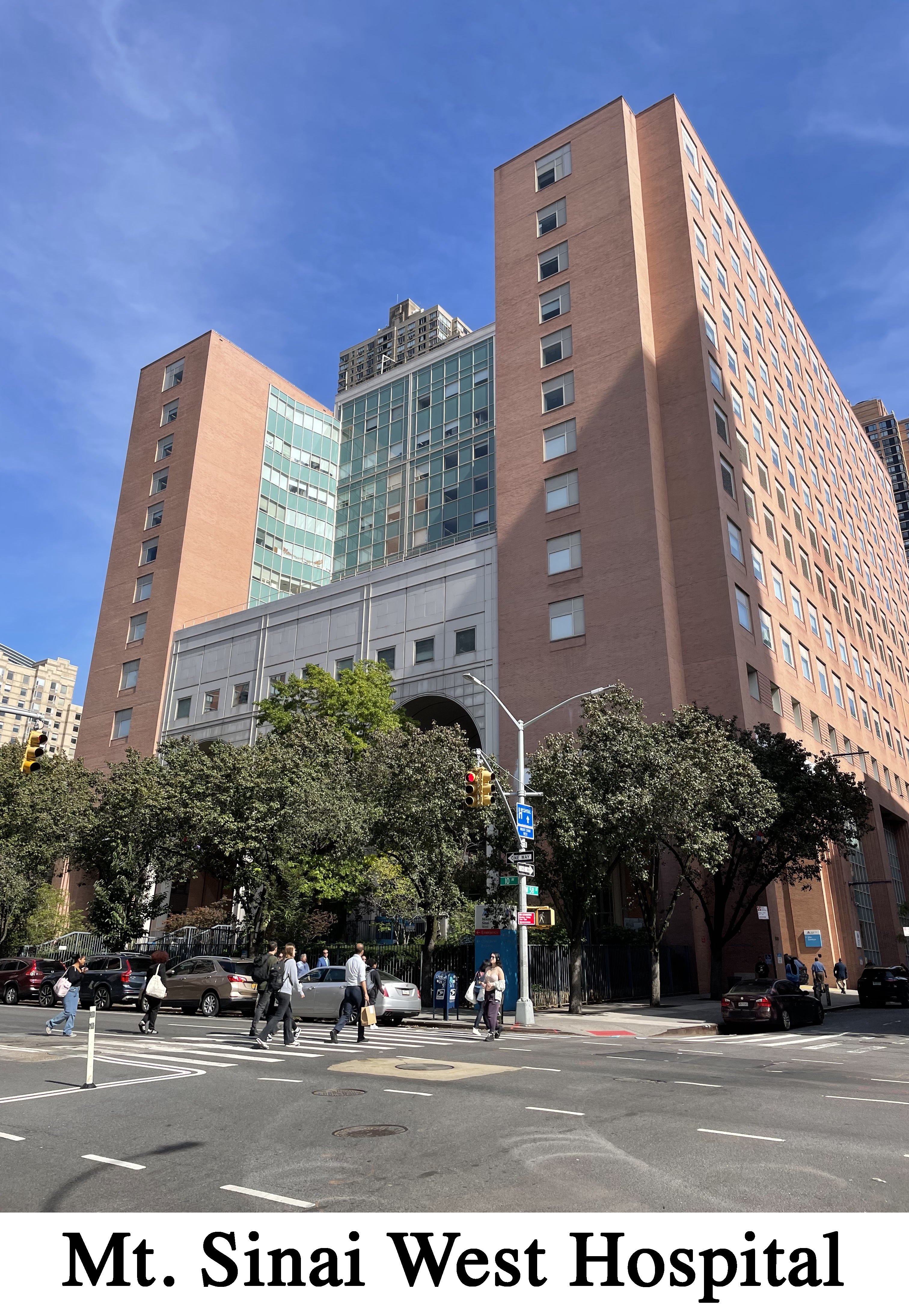 The facade of Mt. Sinai West Hospital seen from across the street