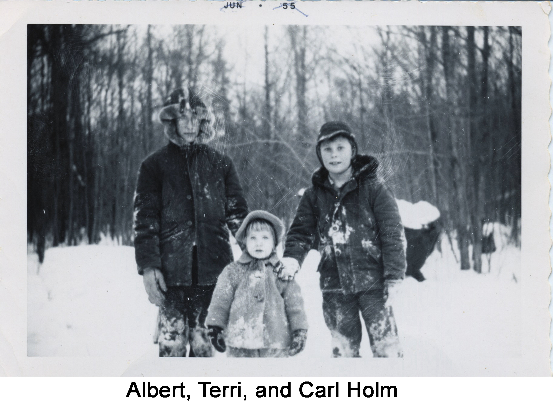 They are standing in the backyard in snow suits partially covered by snow