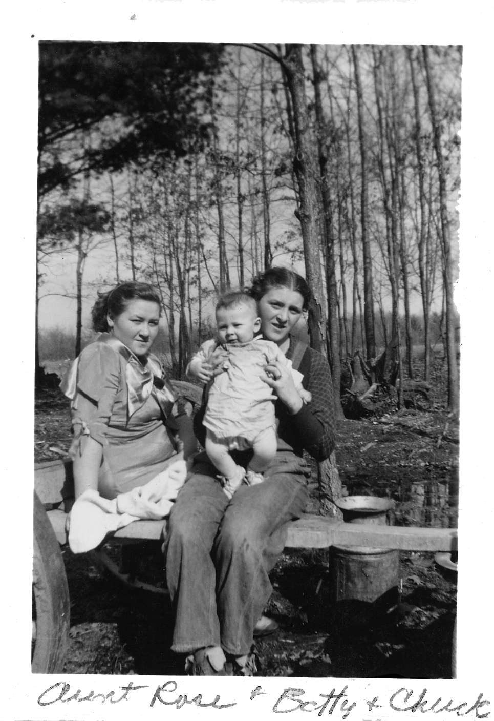 Betty and Rose are sitting on a wagon tongue and Betty is holding 
     Charles to the camera.