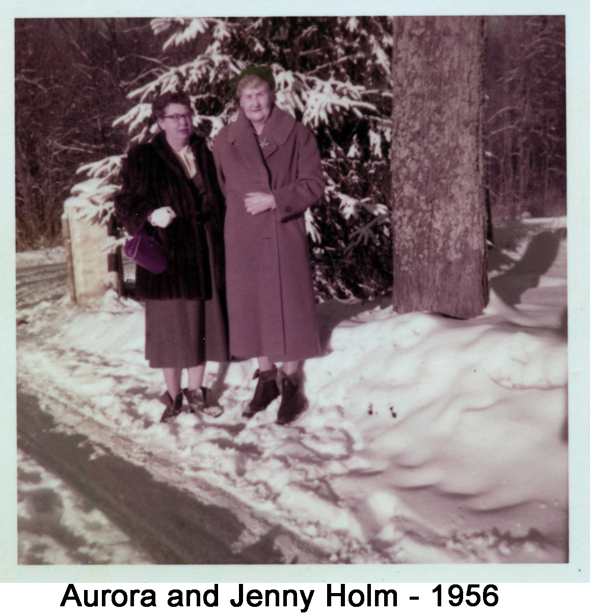 They are standing in the snow. Aurora is wearing a fur coat and Jenny 
         is wearing a long fabric coat.