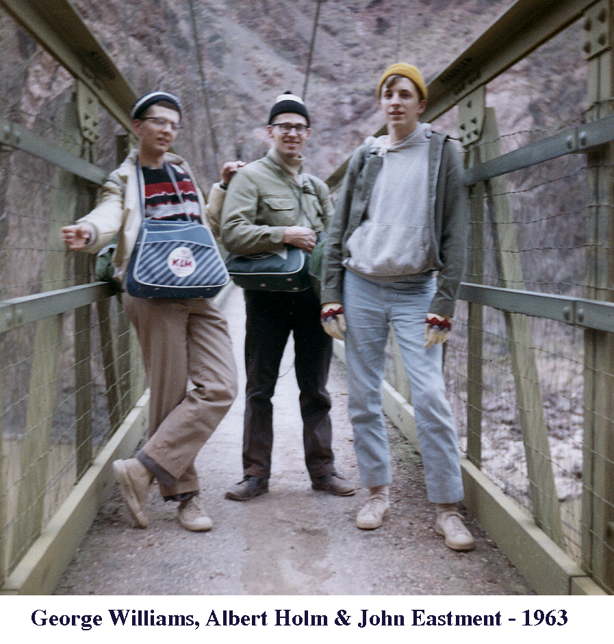 Albert Holm and other Caltech students having reached the Kaibab Bridge 
    over the Colorado River at the bottom of the Grand Canyon