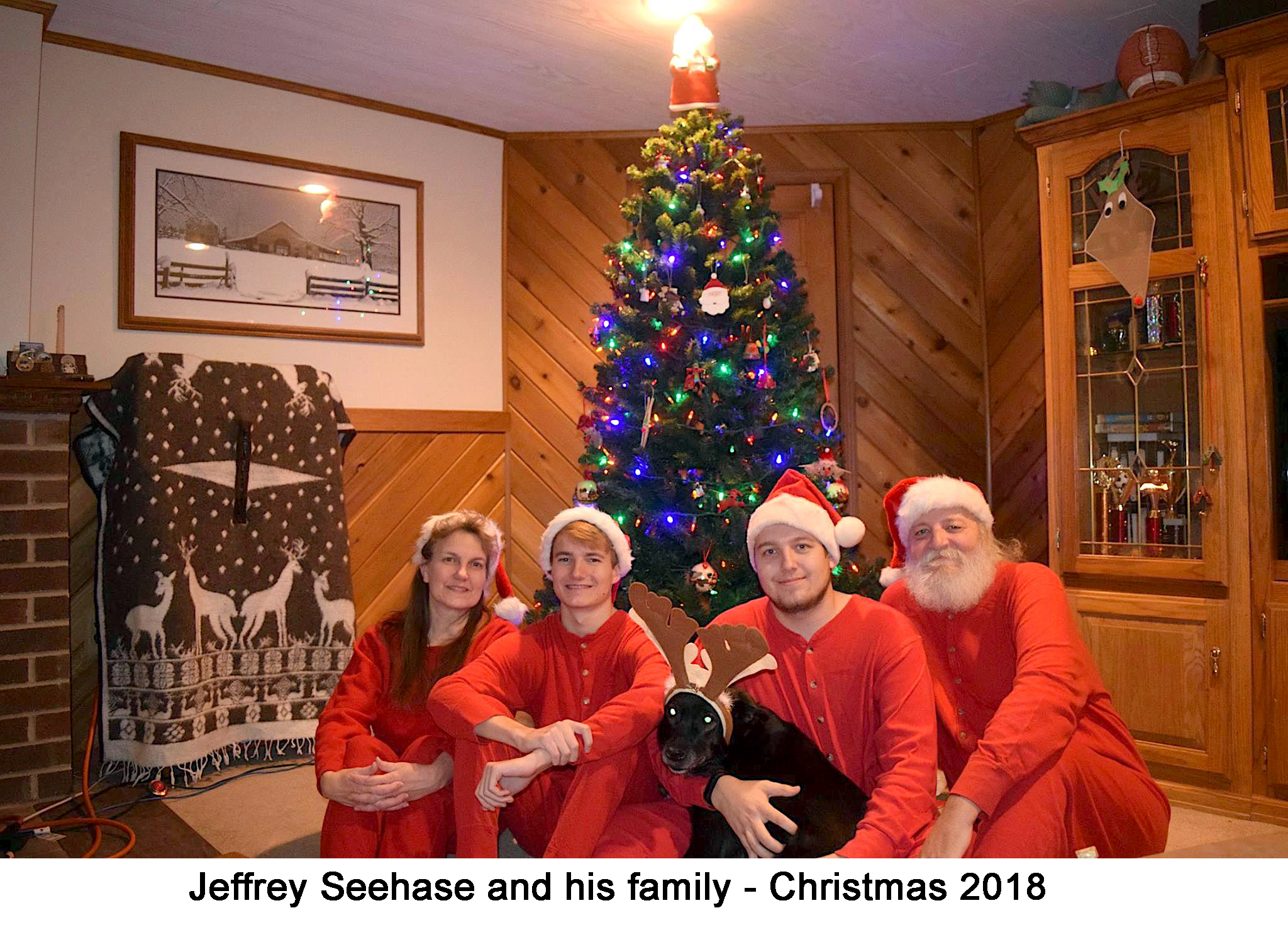 The family is sitting in Santa suits with a dog wearing reindeer antlers.
        They are in a wood paneled room with the decorated tree behind them. 