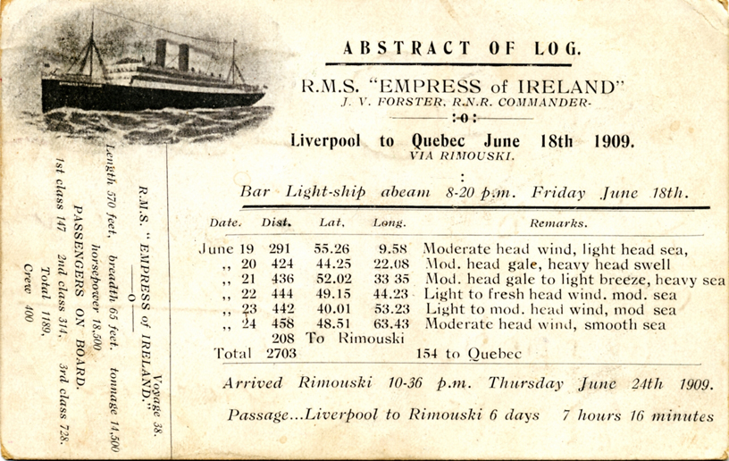 1909 postcard from R.M.S. Empress of Ireland, Victor's transportation to America