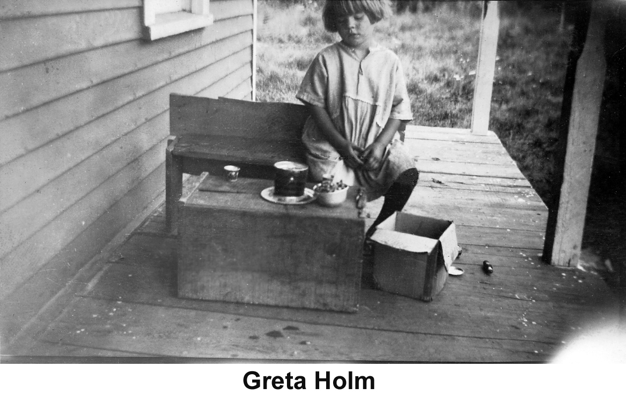 Young Greta Holm hosting a pretend party on her porch