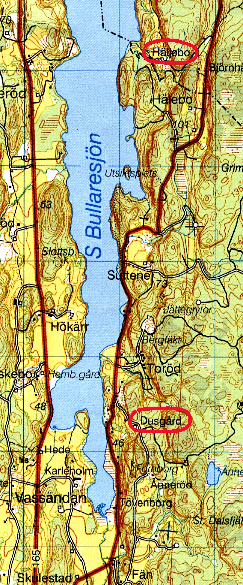 The locations of Helgebo and Dusgard on the shore of Lake Bullaren are circled.