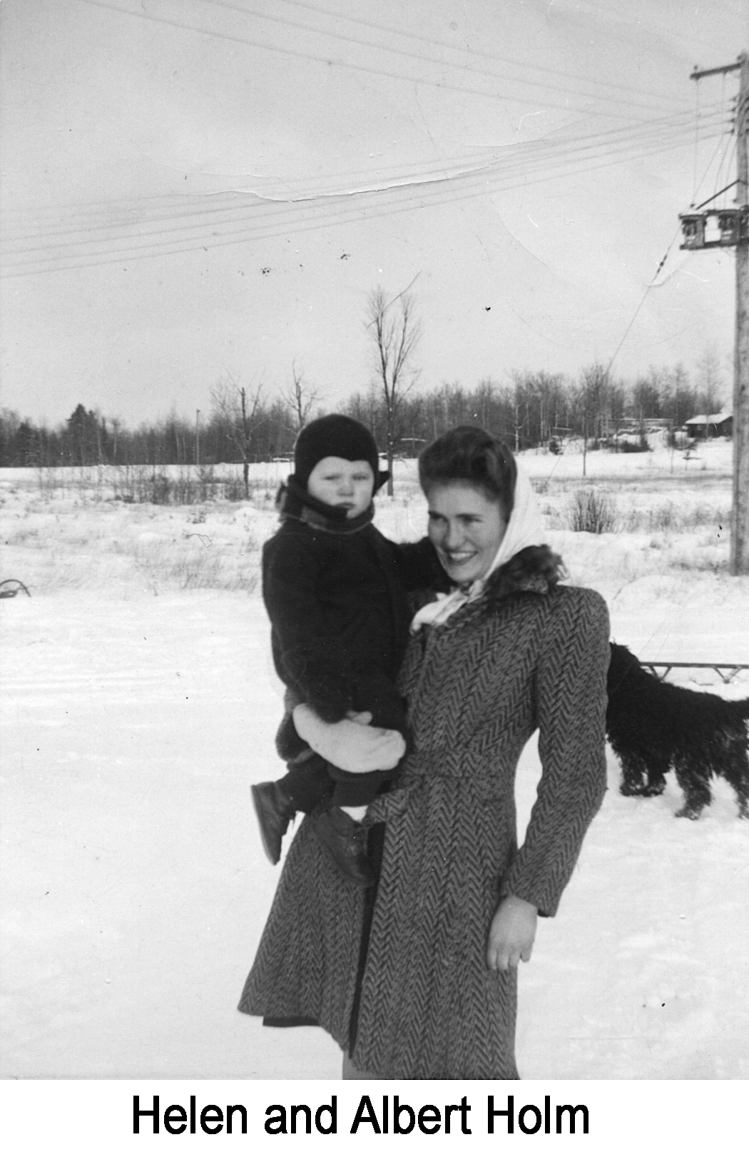 He is in a snowsuit, she's in a coat with a white scarf. There are houses and 
     trees in the far distance, and a large, furry dog behind her. 
     Electrical power lines are overhead.