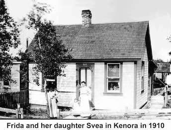 Frida Holm and her daughter, Svea, in the summer after they arrived in        Canada. They are standing in front of a house with a woman who        probably is her sister-in-law Anna Carlson with Anna's daughter Dagmar.