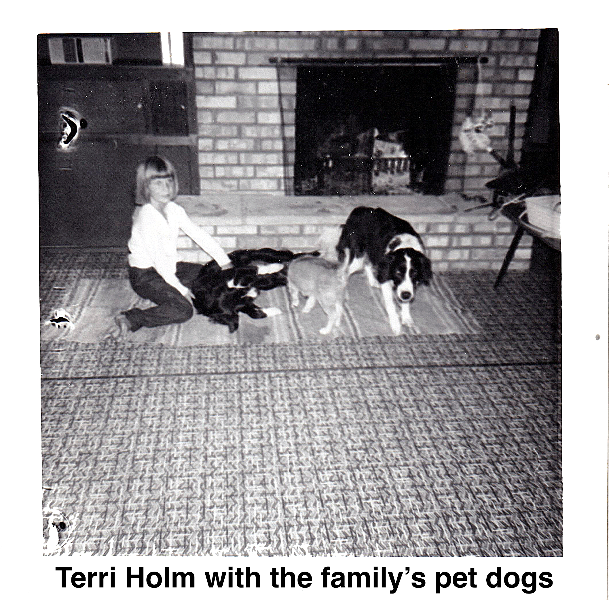 Terri is sitting by the fireplace. She’s rubbing Lady’s
       belly. Lucky is looking todard the photographer.
