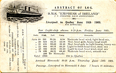 Postcard showing the Empress of Ireland and her schedule