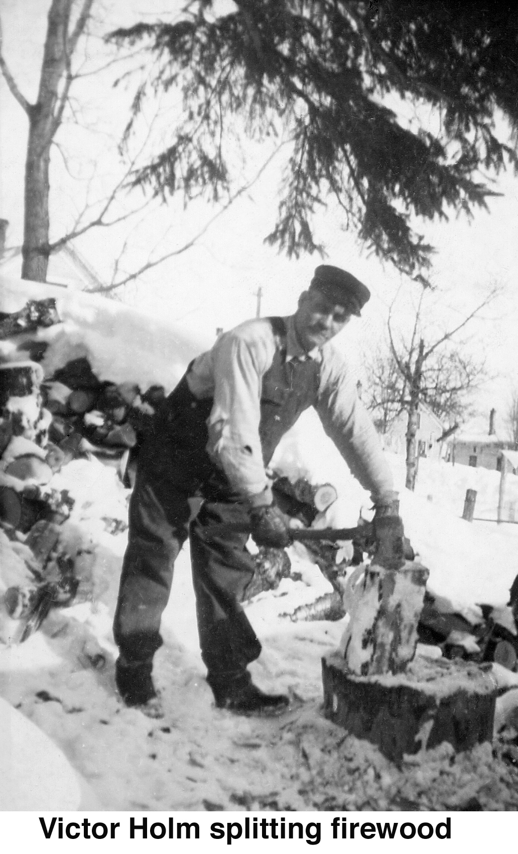 Victor Holm splitting firewood in Rogers Location