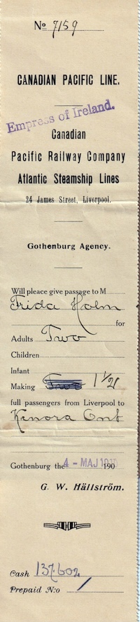 Long, skinny piece of paper with Frida’s name, destination, and ship’s name