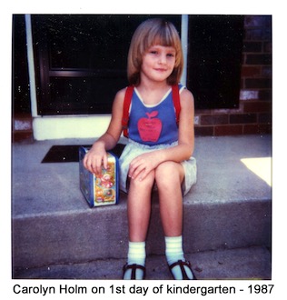 Carolyn Holm sitting on our front porch before leaving for kindergarten