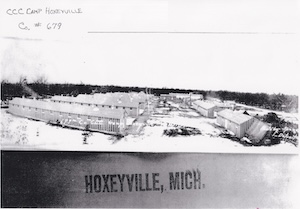 Aerial view of the buildings of the CCC camp at Hoxeyville, Michigan
