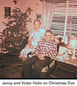 Jenny and Victor are seated near the Christmas tree in the southwest corner of thier living room