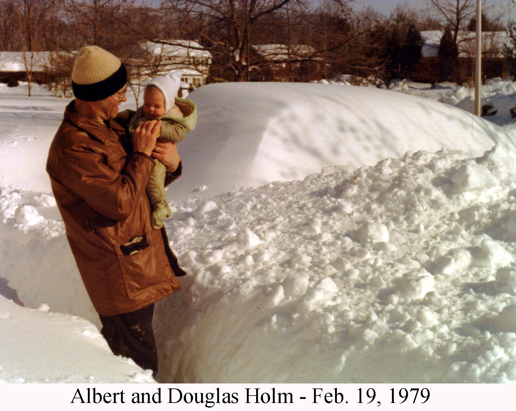 Albert Holm holding Douglas after the 1979 Washington’s Birthday deep snow