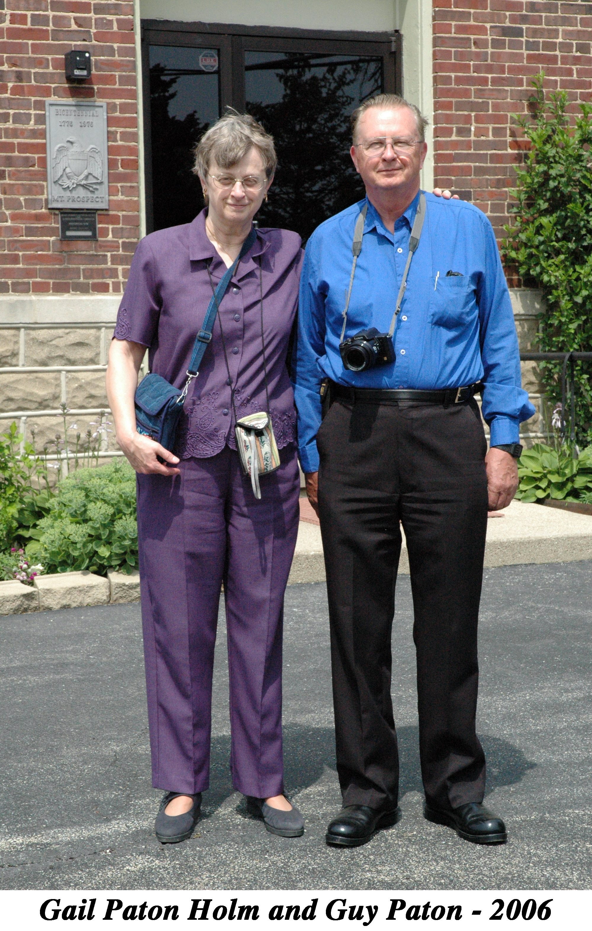 Gail Holm and Guy Paton standing together in front 
            of St. John Lutheran Church in Mt. Prospect, IL