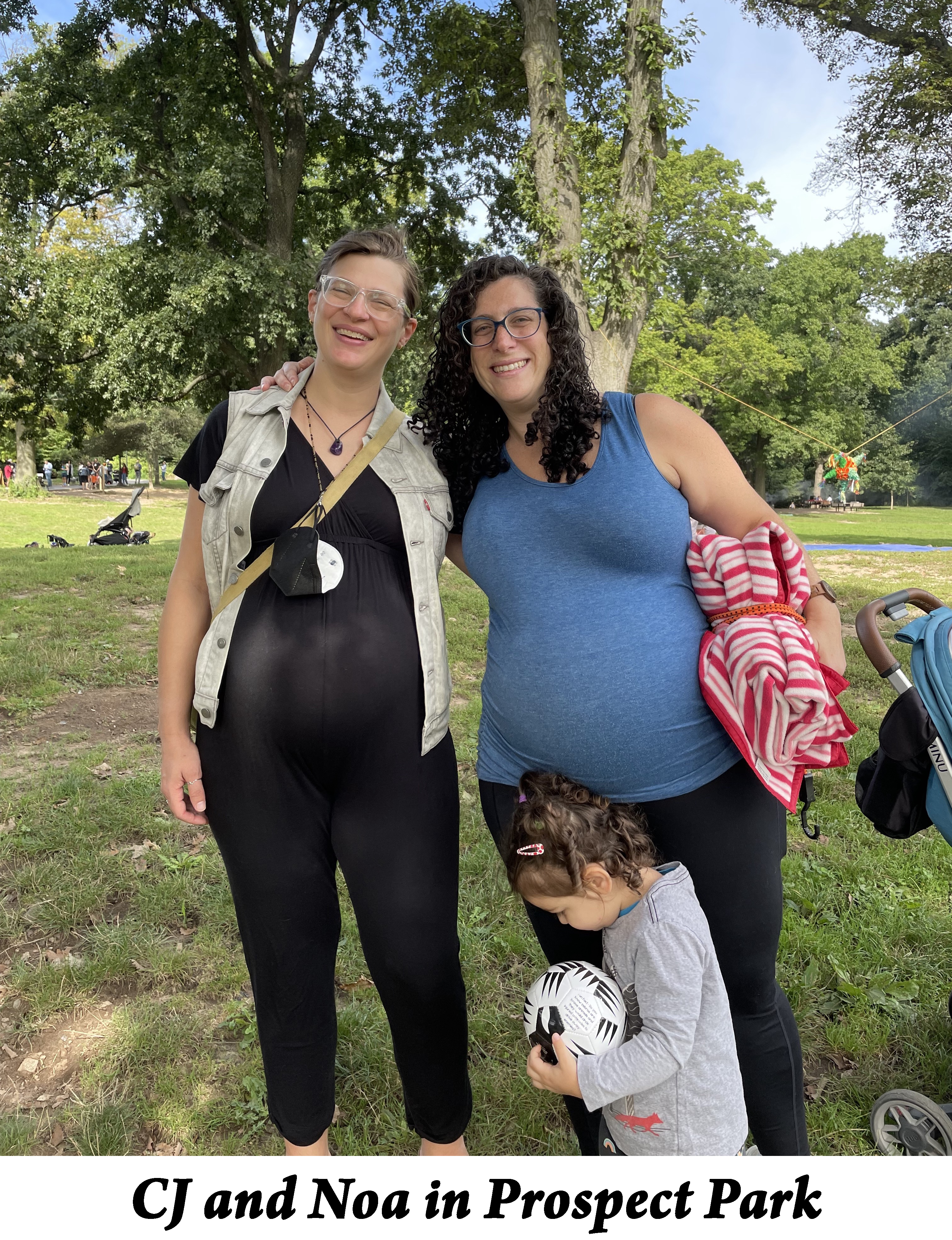 CJ and Noa, both very pregnant, stand together while Noa’s 
               daughter walks in front of them