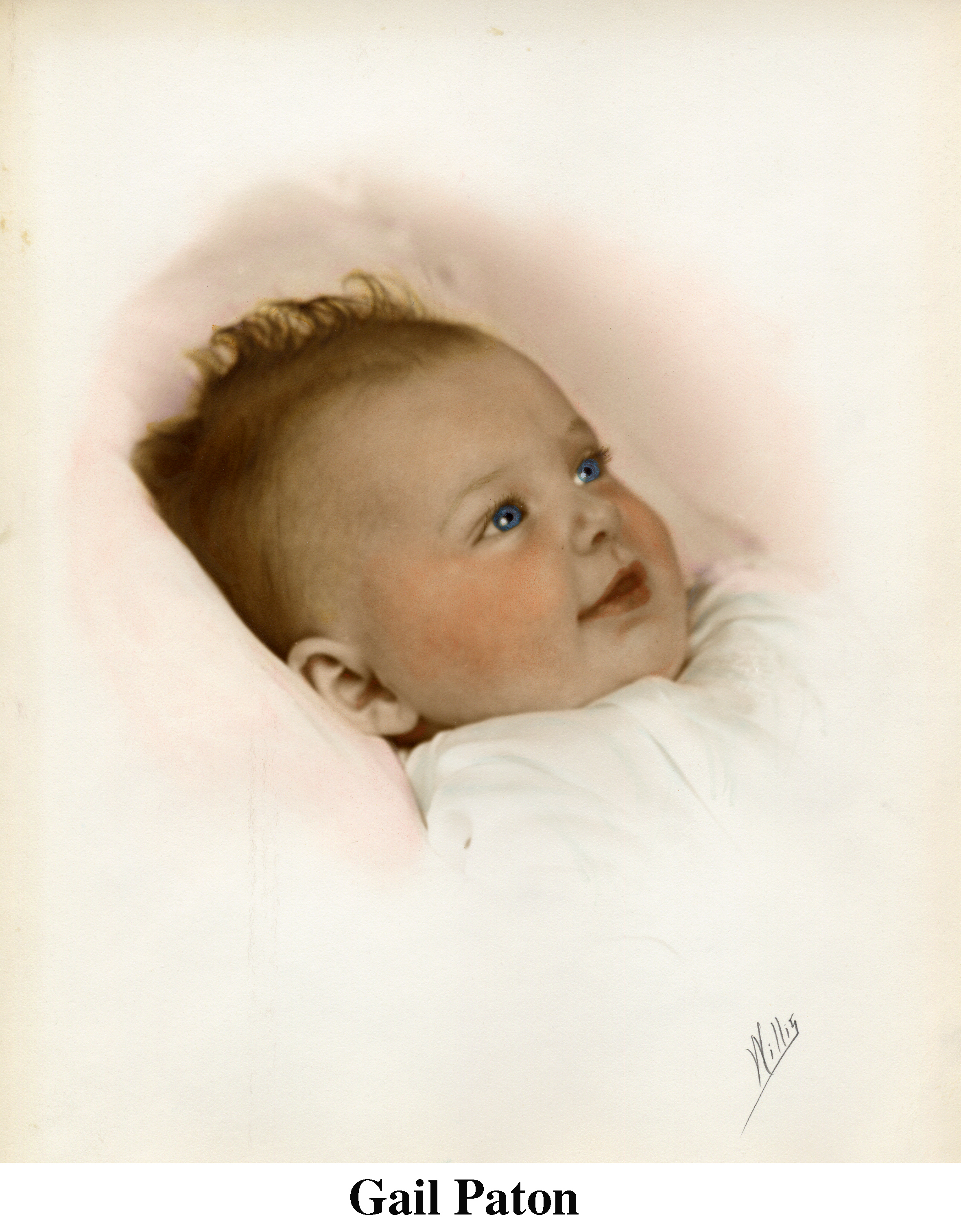 Baby picture of the smiling of Gail Paton on a pillow