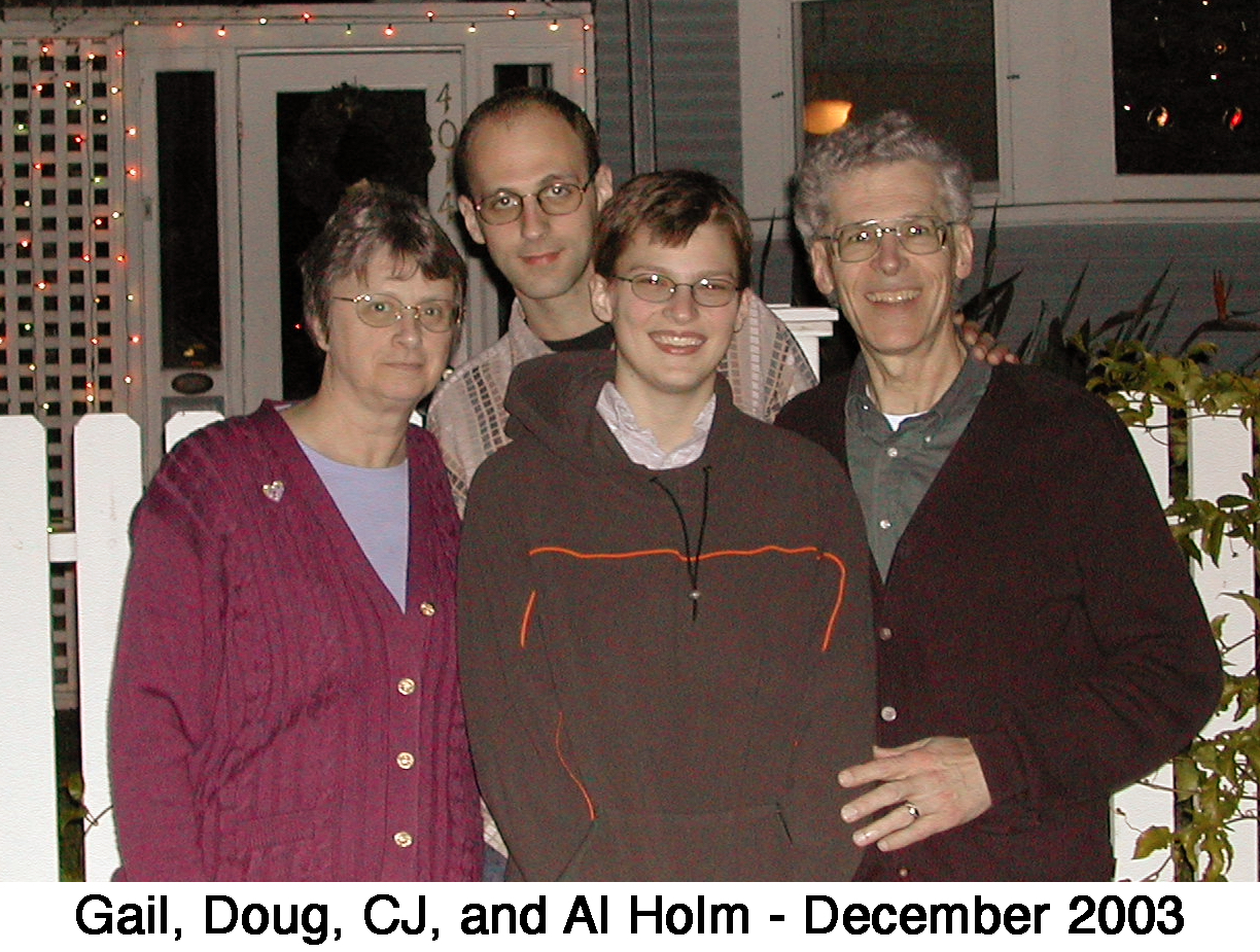 Gail, Doug, CJ and Al  standing in front of a San Diego home with Christmas lights