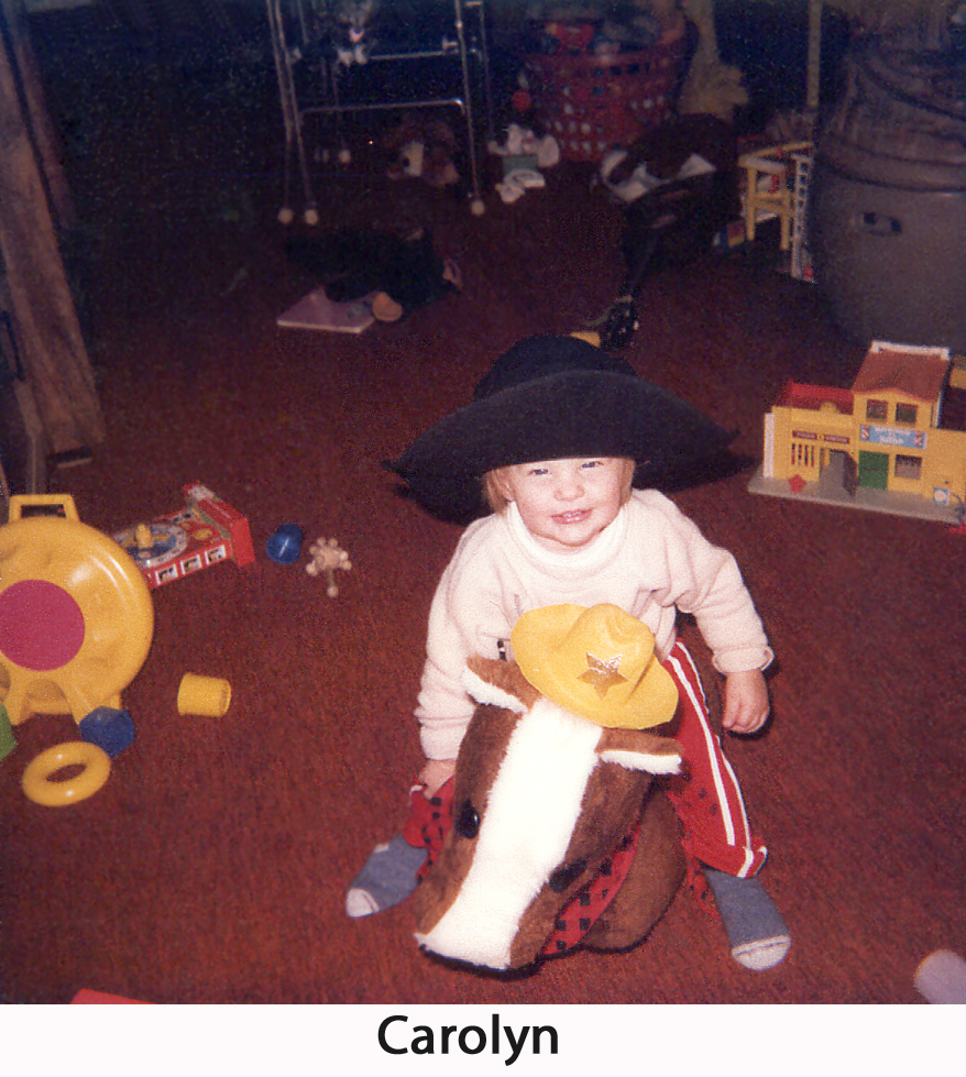 Baby Carolyn as a cowgirl on a stuffed toy horseat Christmas 1982