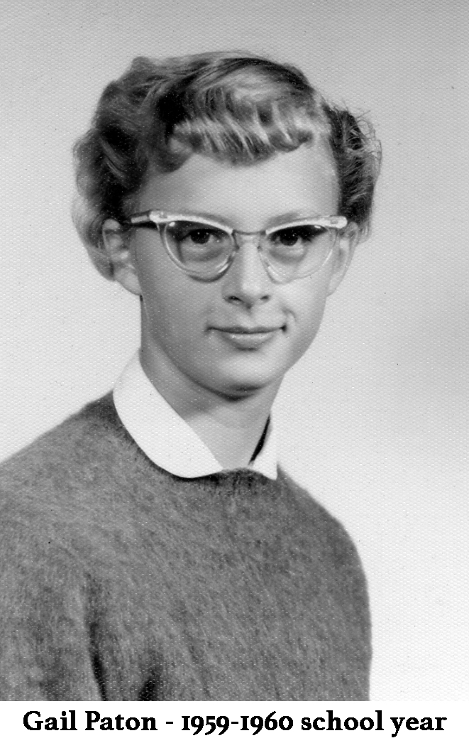 Gail Paton in her school photo in 1959. 
                She is wearing glasses.