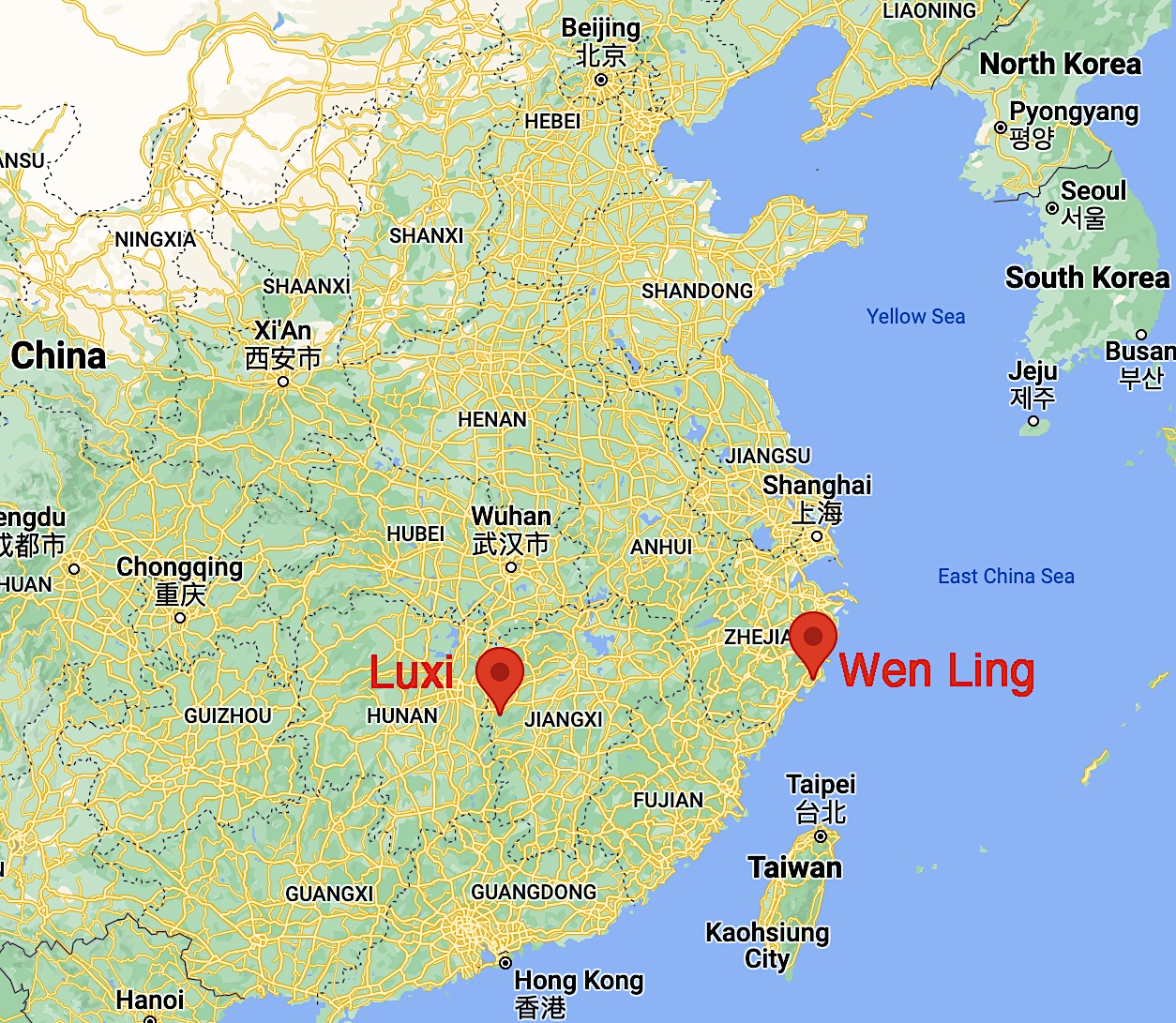 A map showing where Gail taught in China