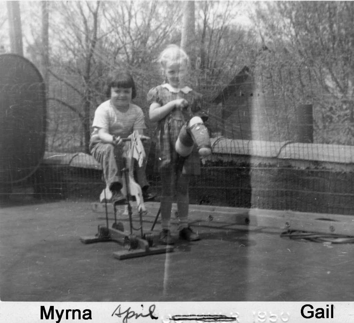 Myrna Moericke and Gail Paton on play horses in April 1950