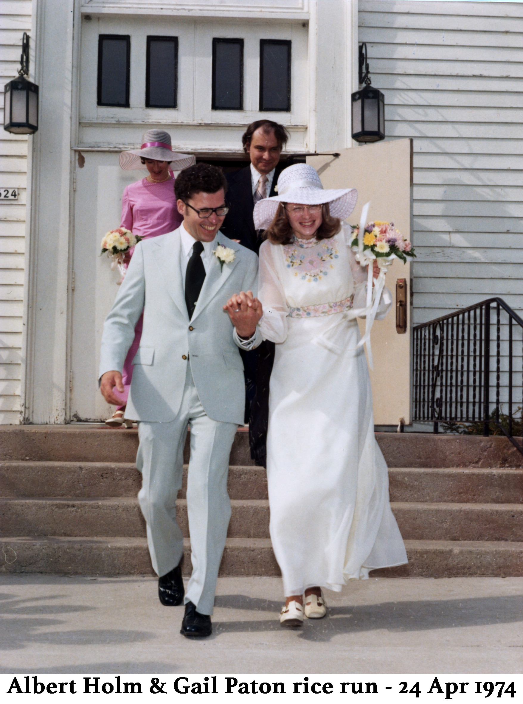 Wedding photo of Gail Paton and Albert Holm running through the thrown rice as they leave the 
         First Congregational Church