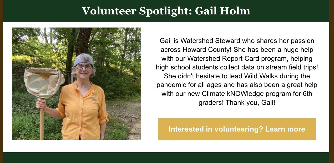 Notice about Gail spotlighted as a volunteer at the Howard County Conservancy