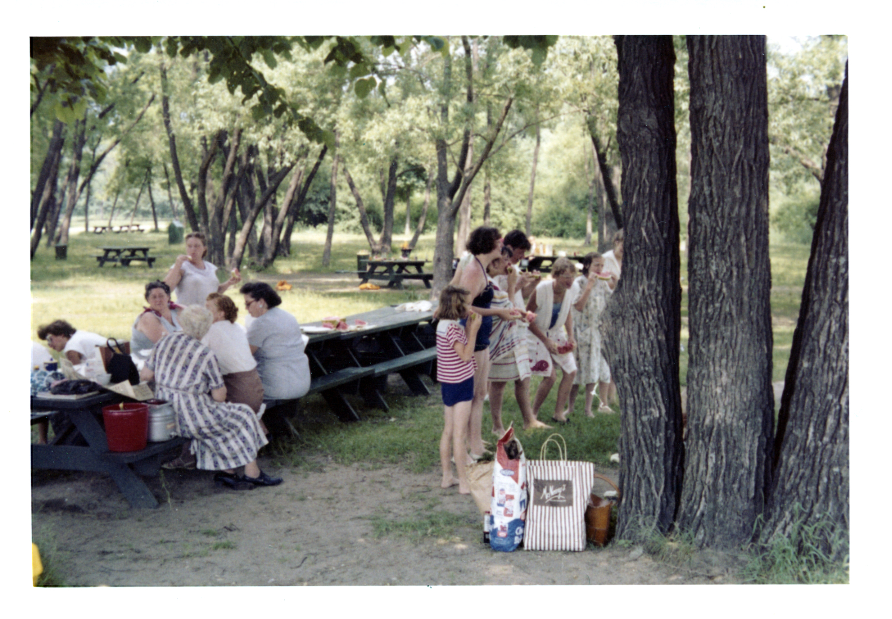 The girls are seen from the side. Some women are seated at a picnic
            table. More tables and trees are visible.
