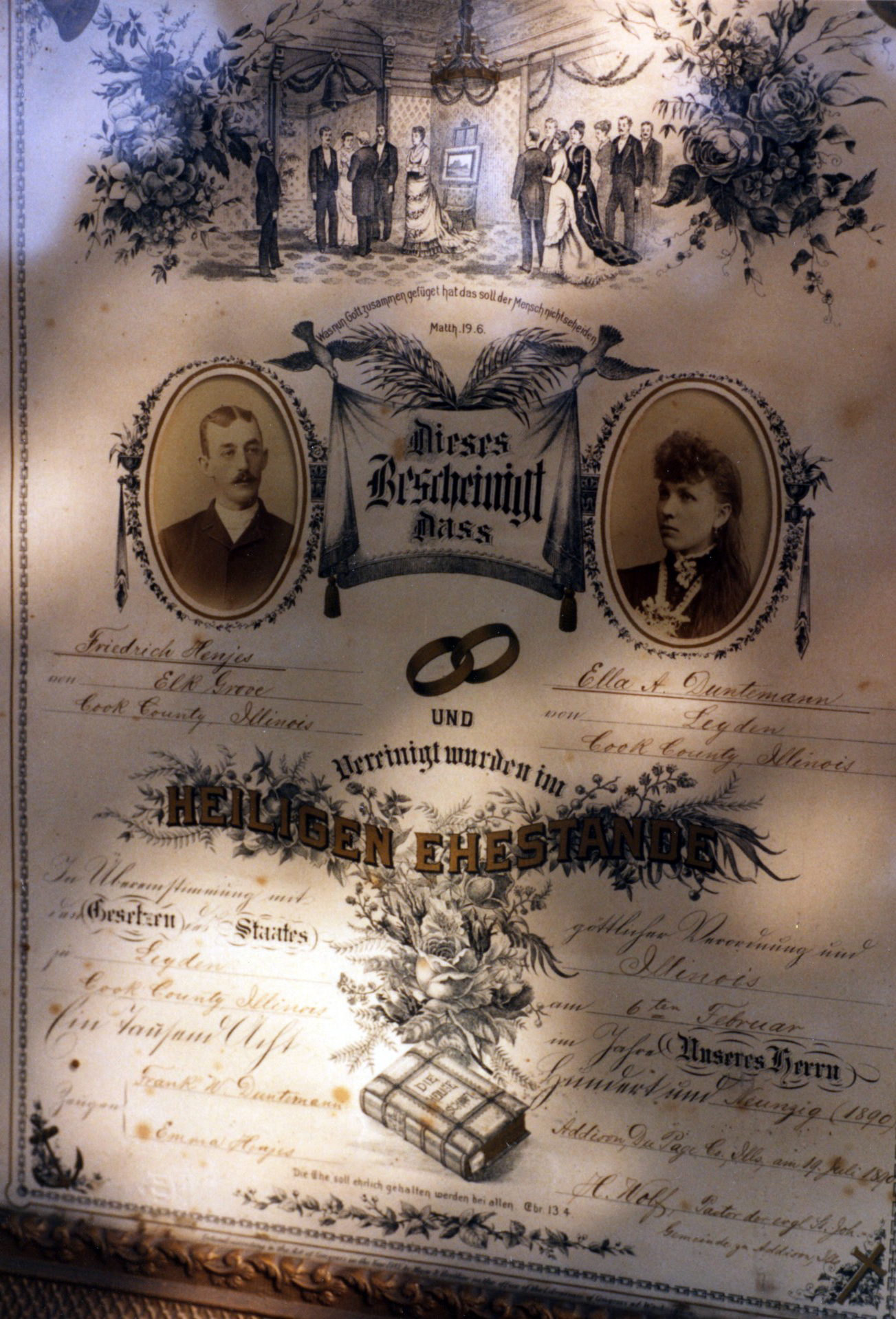 Fred Henjes and Ellen Duntemann wedding certificate