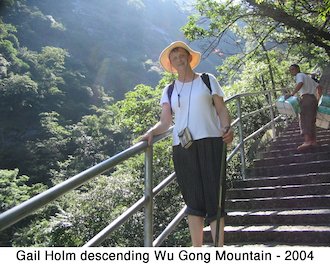 Gail descending Wu Gong Mountain on the steps 