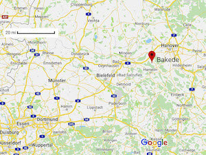 Google map showing the location of Bakede in Germany
