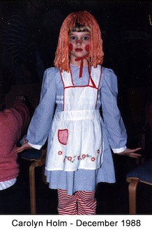 Carolyn Holm as dressed Raggedy Ann for the Christmas pageant