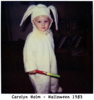 Carolyn Holm looking confused at Halloween in a bunny costume