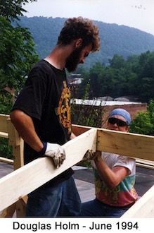 Two photos with Doug Holm working on the roof over a mobile home