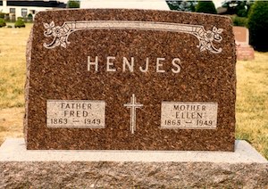 The granite gravestone of Fred and Ella Henjes 