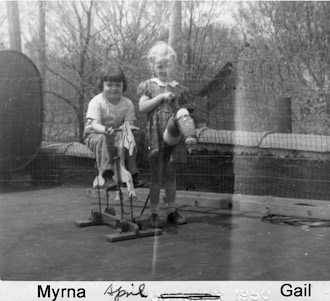 Myrna Moericke and Gail Paton on play horses in April 1950